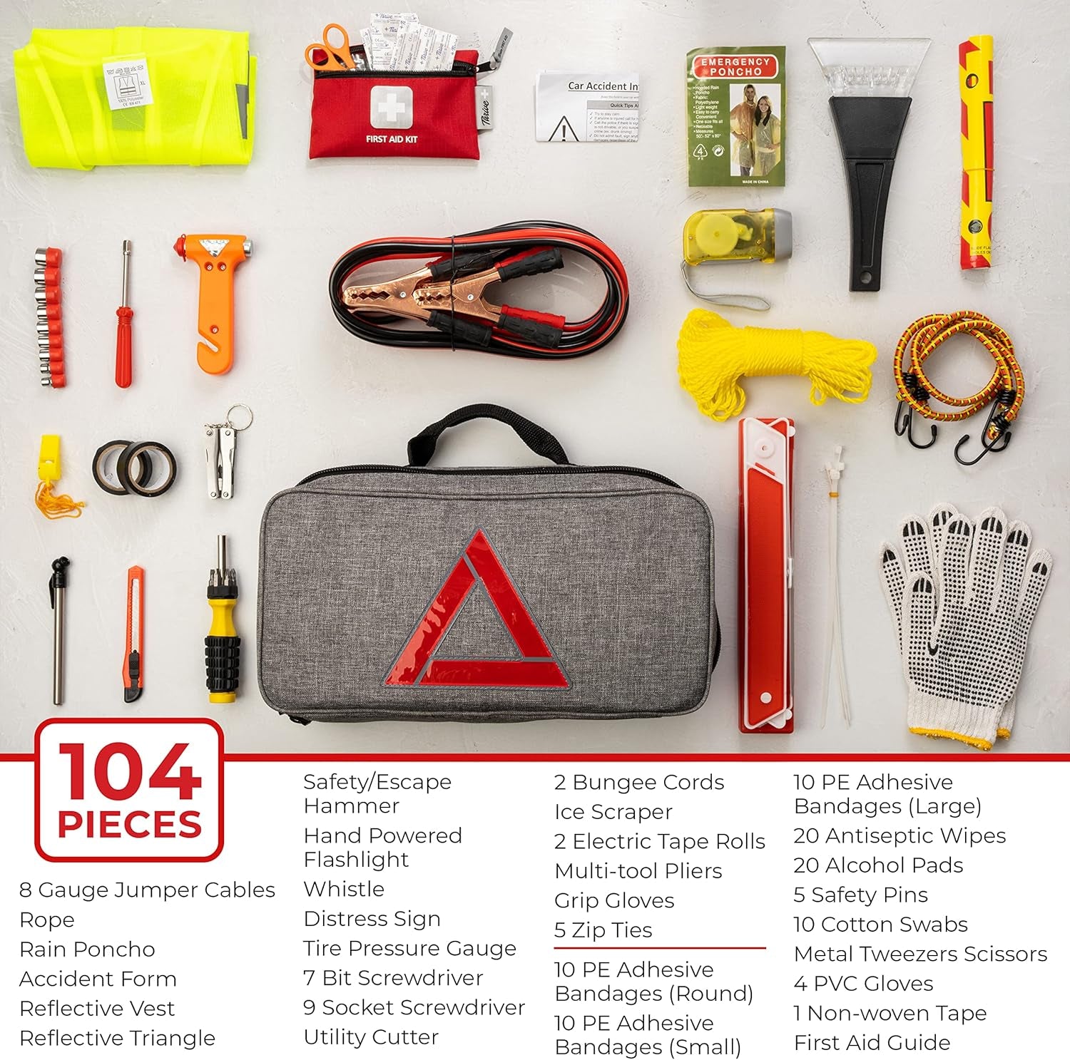 Emergency Car Kits for Vehicles - Roadside Emergency Car Kit (104 Pieces) - Car Kits for Emergency - Roadside Car Kit with Jumper Cables and Mini First Aid Kit - Gray Bag